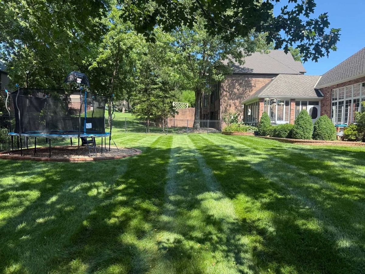 Backyard with a trampoline mowed in clean stripes