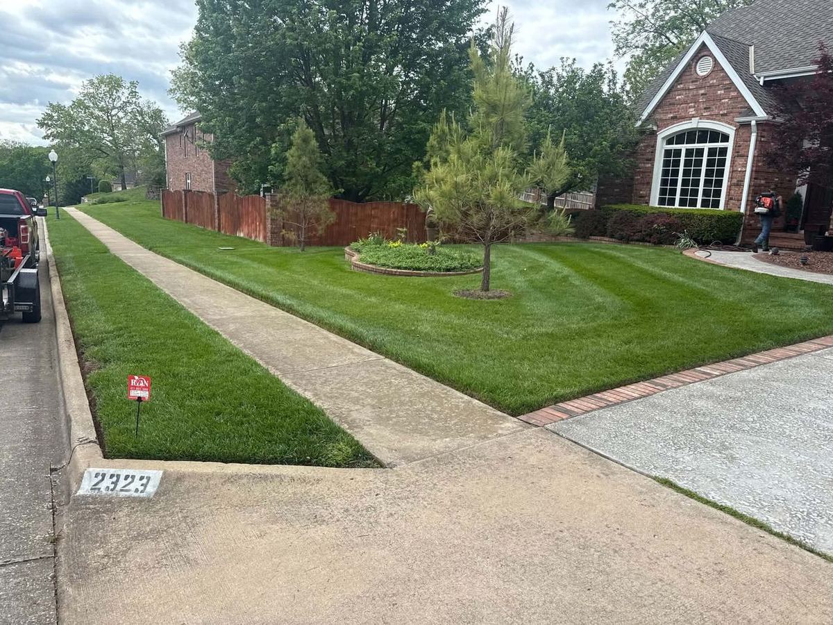 Crisp mowing and edging along a driveway and walkway